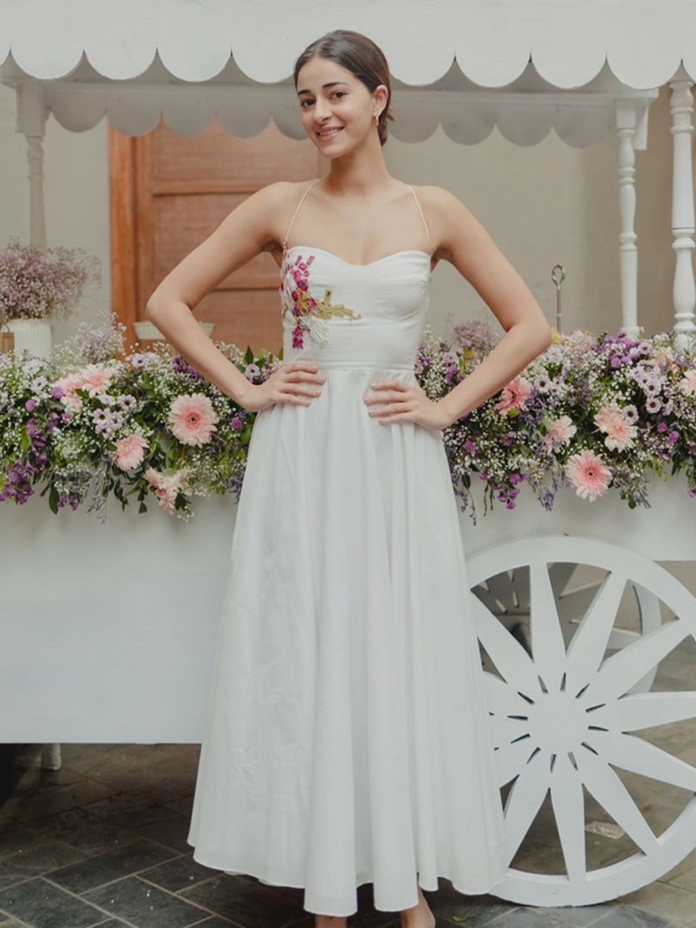 Strapless White Floral-Appliqué Midi Dress
